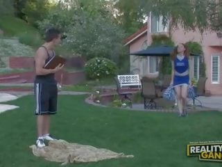 Amateur amazing redhead cheerleader teen training outside