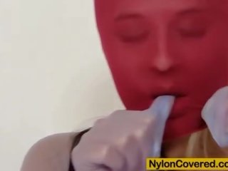 Stupendous blonde red spandex mask on her face