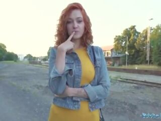 Public Agent desirable redhead waitress sucks penis and gets fucked doggystyle outside in public